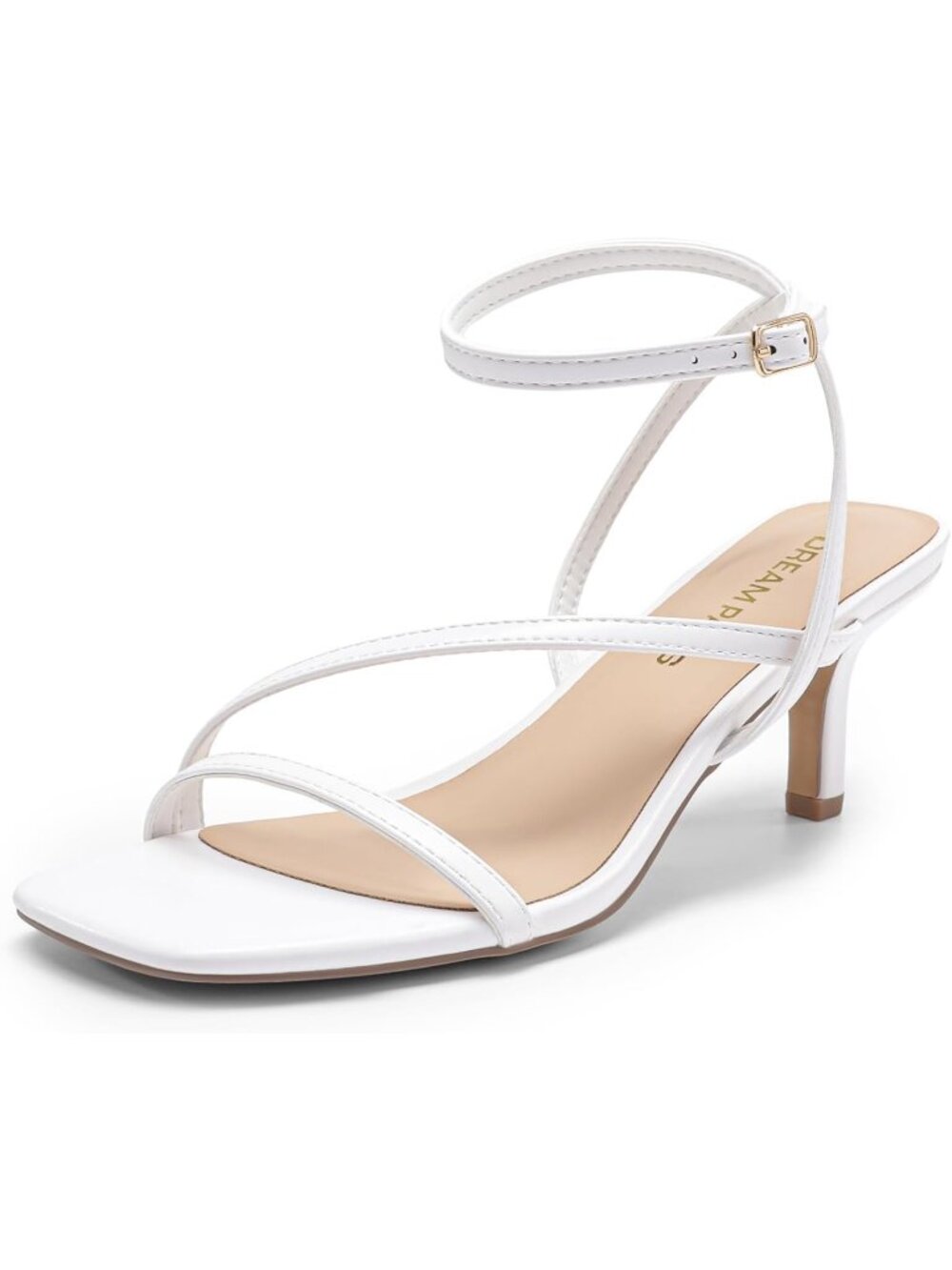 Women's White Faux Leather Low Kitten Heels Open Square Toe Ankle Strap Sandals